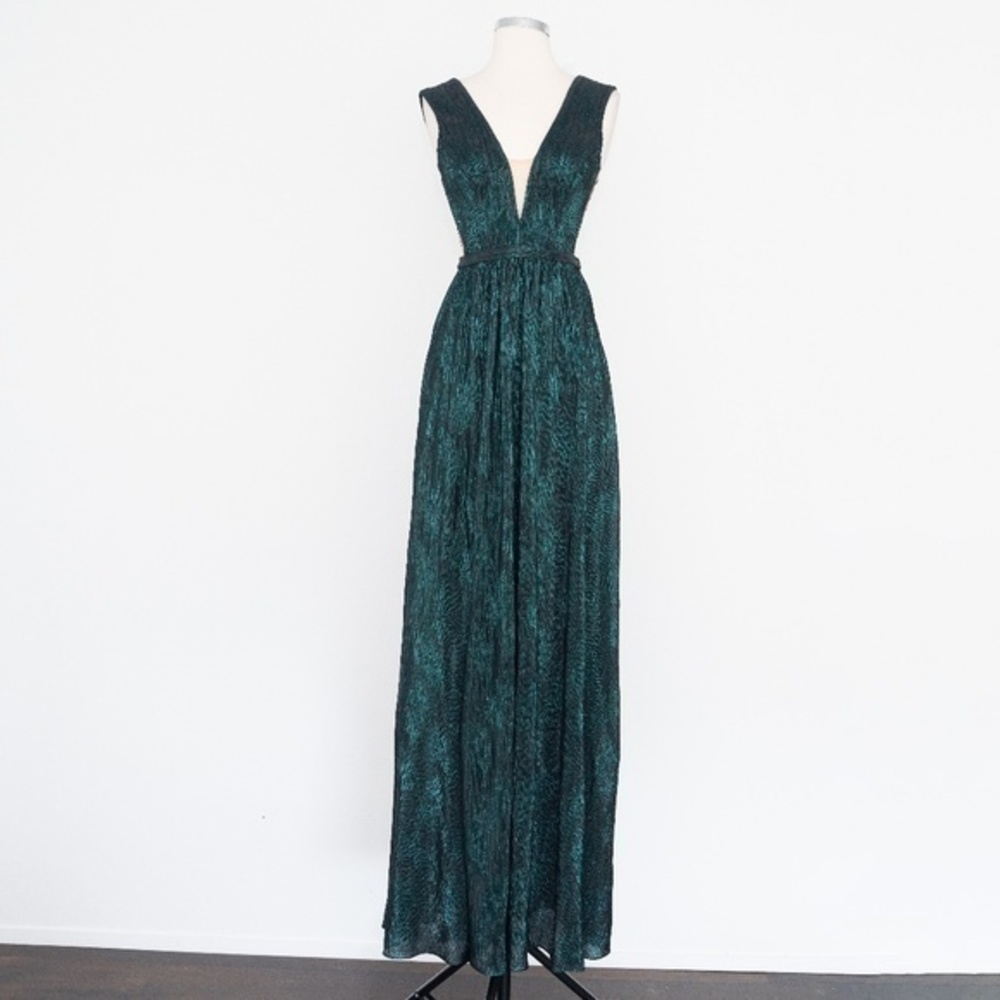 Dress The Population. Plunging Neckline Metallic Maxi Dress.